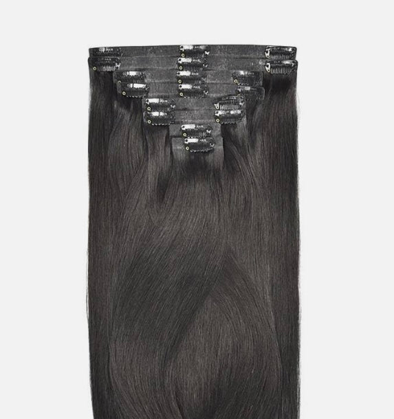 Silky Straight Jet Black human hair clip in extensions